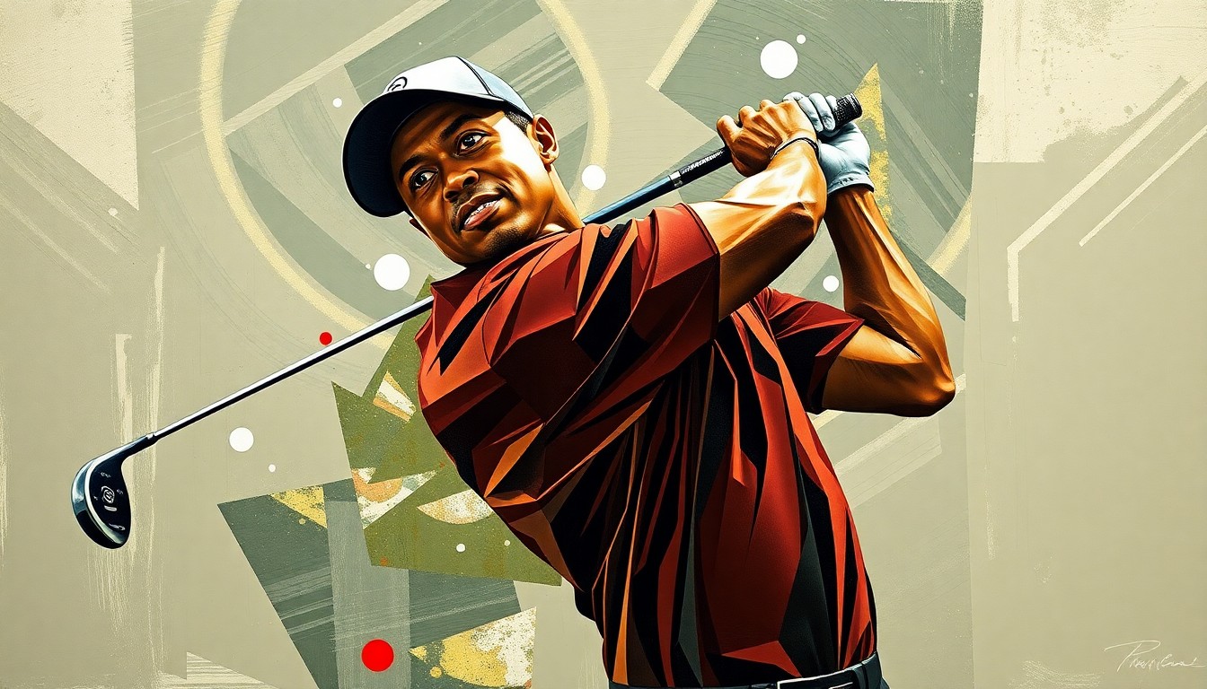 A cubist, geometric painting depicting the iconic image of Tiger Woods swinging a golf club, broken down into sharp, overlapping planes of muted earth tones with flashes of bright color, conveying the intensity and fragmentation of the golfer's career and personal life.