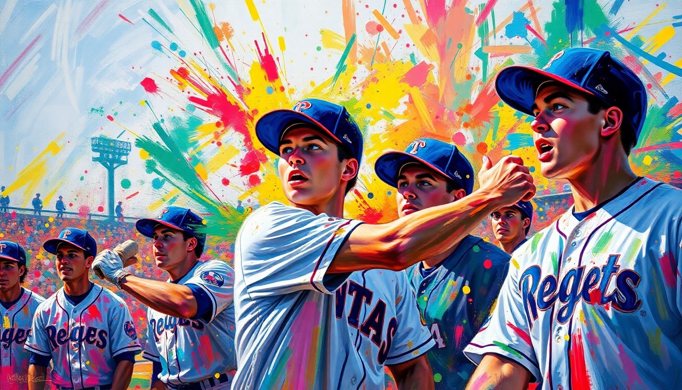 A dynamic, colorful painting with rapid, energetic brushstrokes depicting the action and movement of a college baseball game, with players' forms and uniforms blending together in a vibrant, expressionist style.