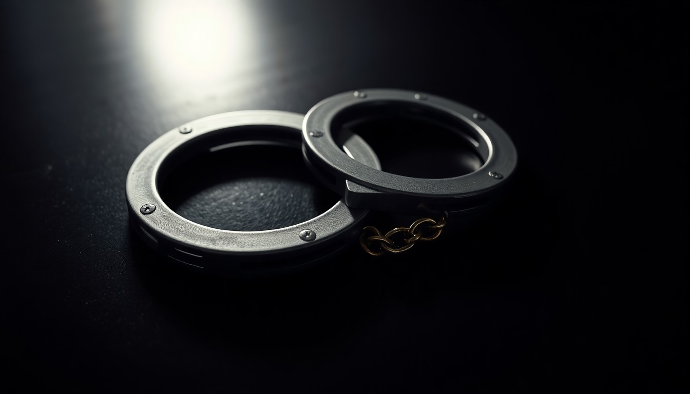 An extreme close-up photograph of a pair of handcuffs lying on a dark surface, the metal reflecting the harsh light of the camera flash, conceptually illustrating the escape of a suspect from police custody.