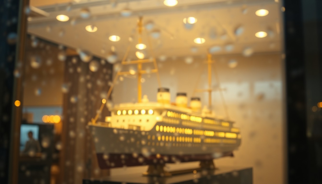 An abstract, out-of-focus scene of a large-scale model ship being lifted into a second-story window, with soft pools of warm light and color creating a dreamlike, atmospheric quality.