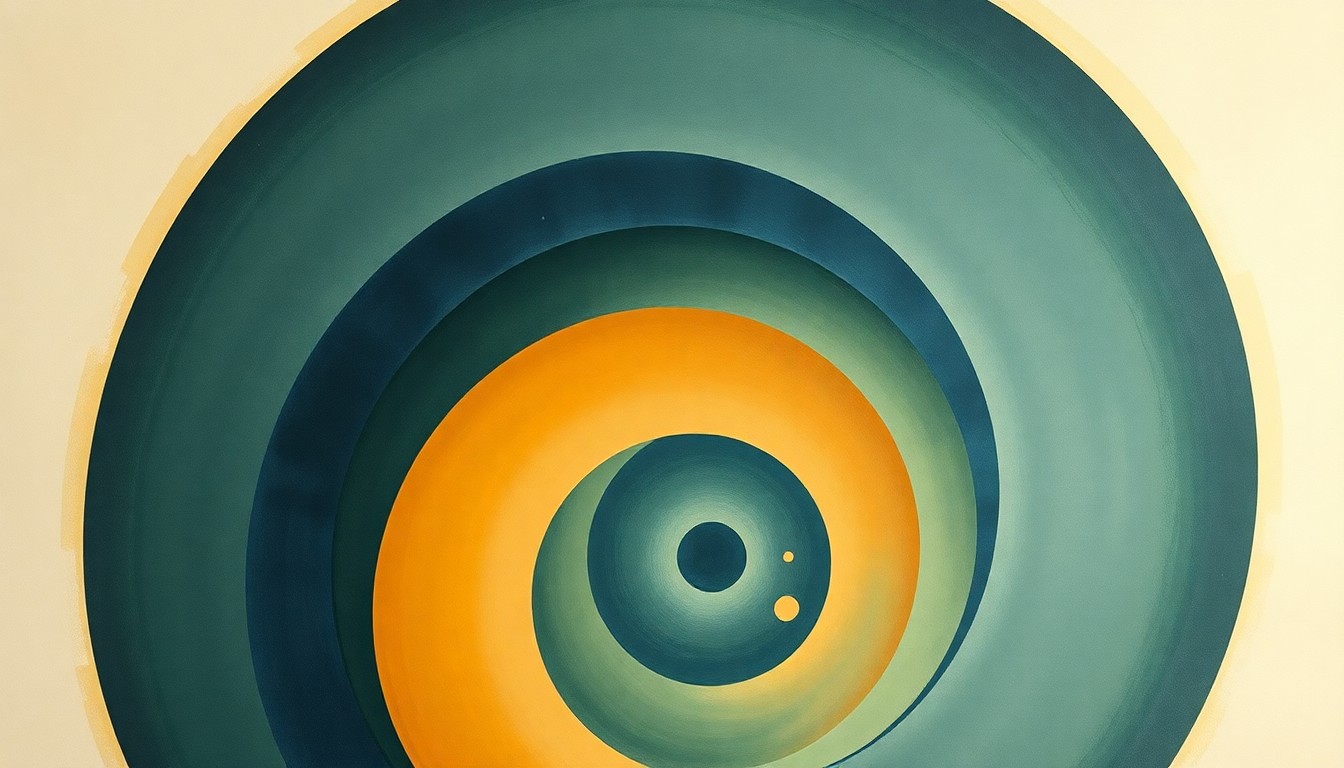 A bold, abstract painting featuring sweeping geometric arcs, concentric circles, and precise botanical spirals in soft shades of blue, green, and ochre, conveying the structural order and scale of the cosmos.