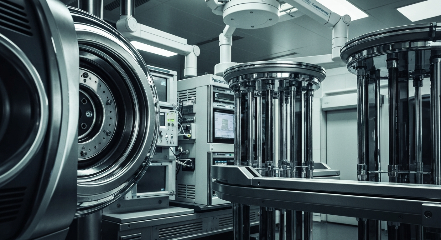 An extreme close-up of complex medical machinery and equipment, conveying the advanced infrastructure behind Pediatrix's pediatric healthcare services.