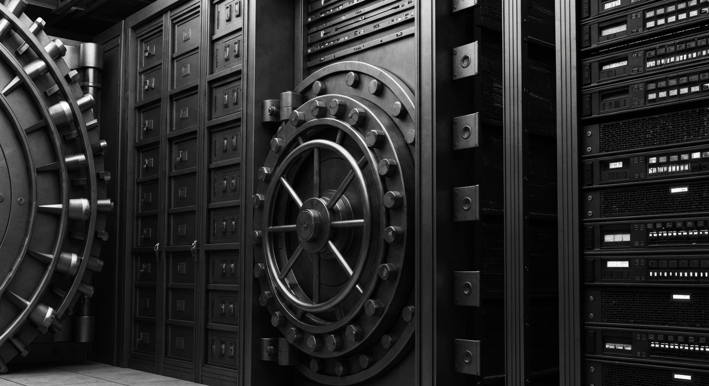 A high-contrast, cinematic close-up of heavy, industrial banking machinery and infrastructure, representing the tangible, institutional power and security of the financial sector.