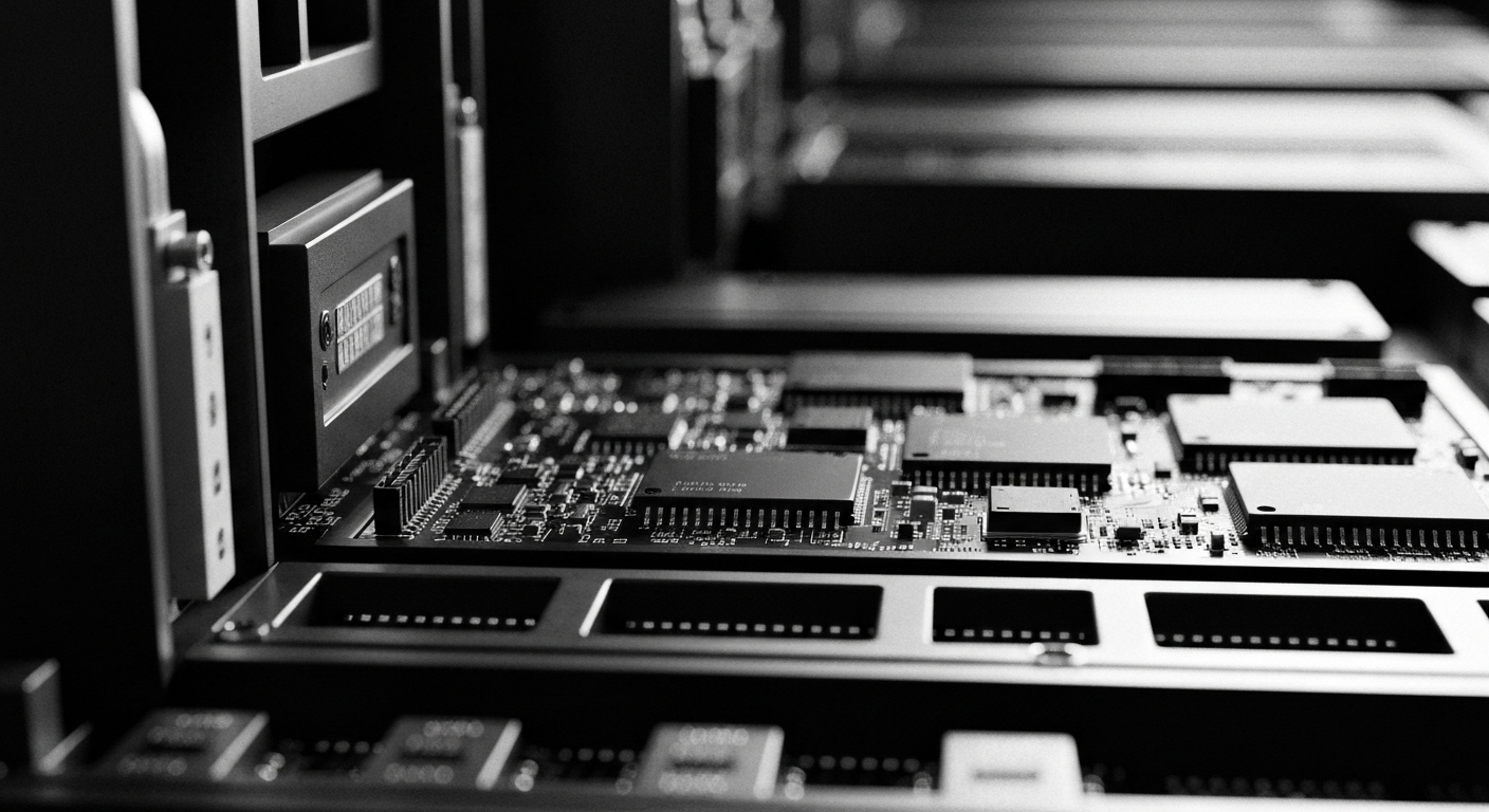 A high-contrast, black and white close-up image of advanced electronic circuit boards and industrial machinery, conveying the technical complexity and scale of the electronics industry.