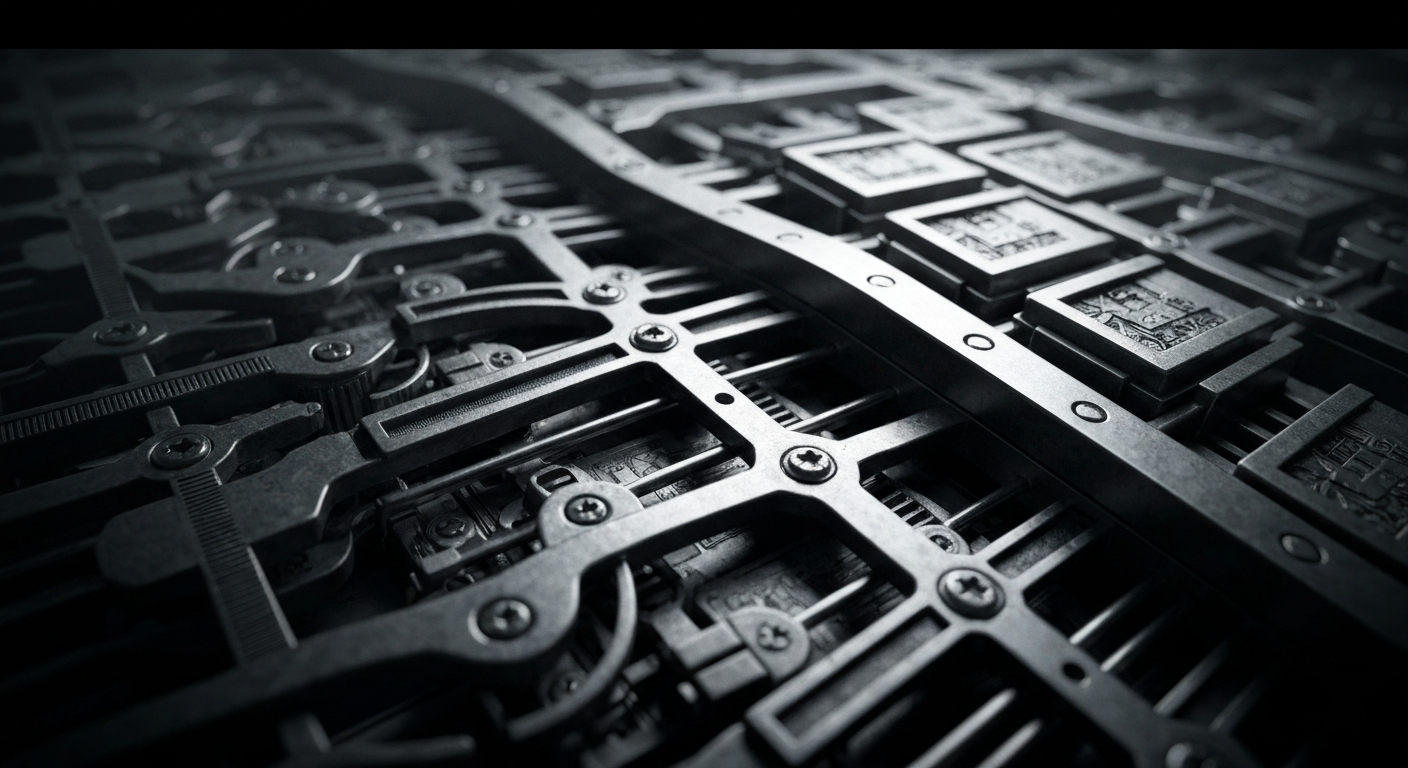An extreme close-up of gears, levers, and other heavy industrial banking equipment, conveying the underlying mechanics and infrastructure that power modern finance without using literal currency or charts.