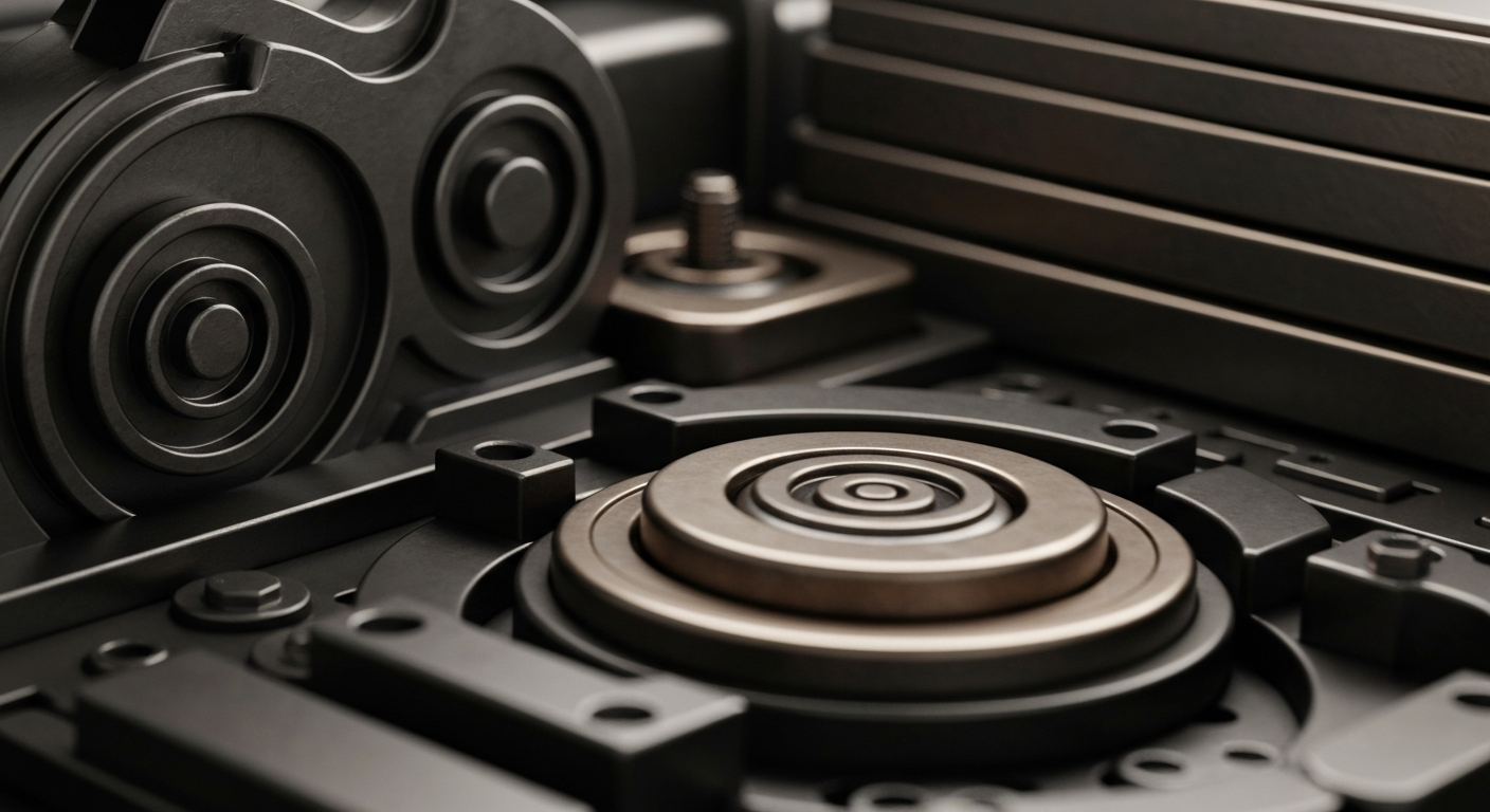 An extreme close-up of various gears, levers, and dials of industrial financial machinery, conveying the complex, institutional nature of investment management decisions.