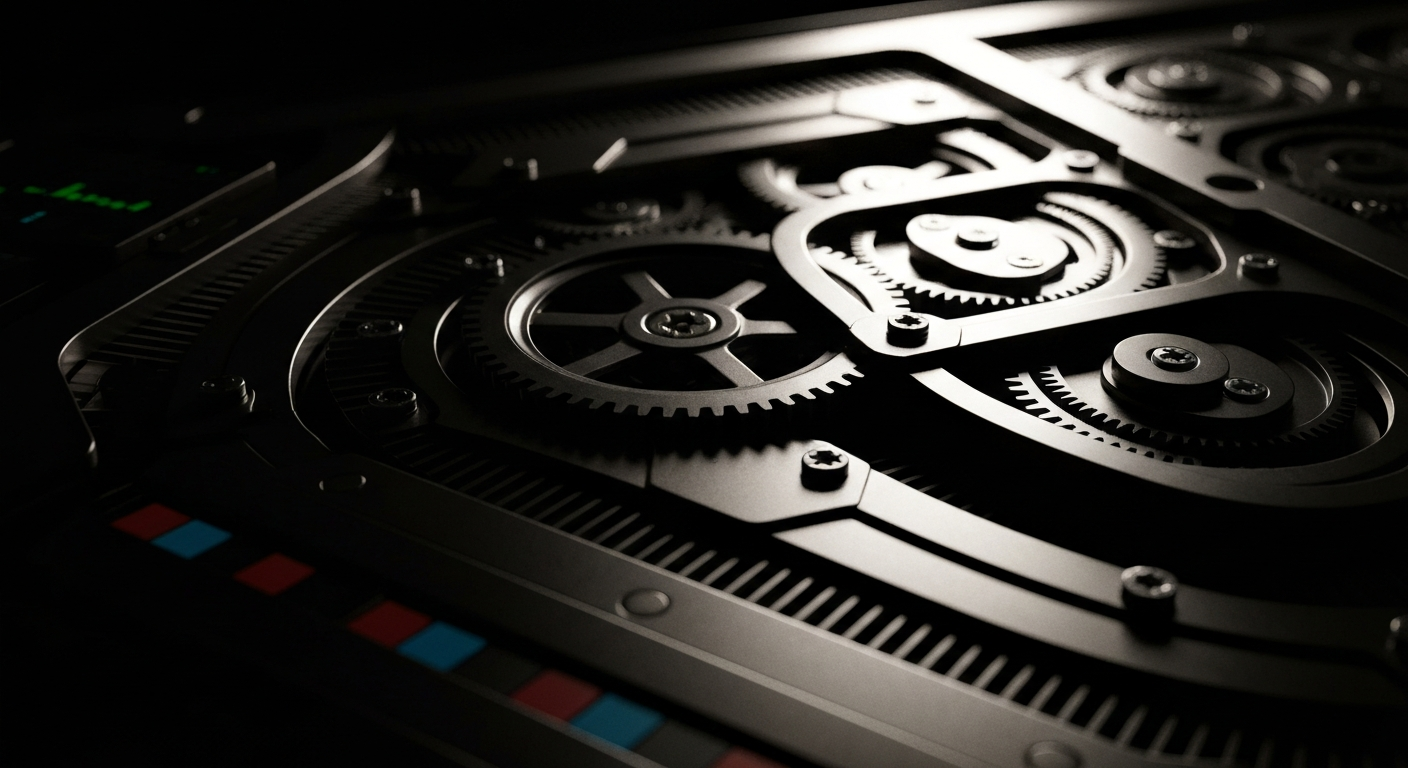 An extreme close-up of the internal components and gears of a stock trading terminal, captured in dramatic chiaroscuro lighting to represent the complex financial infrastructure underlying Salesforce's business.