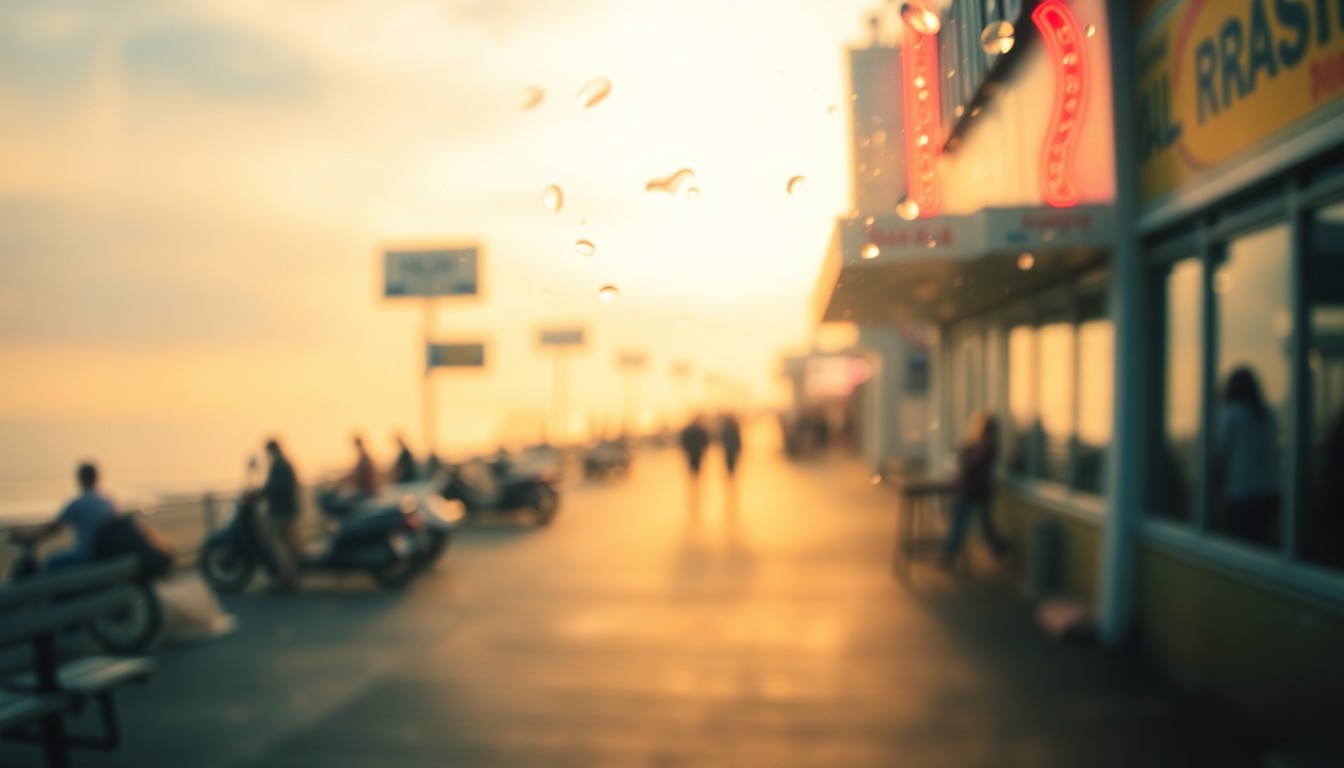 An impressionistic, out-of-focus photograph depicting the warm, hazy atmosphere of a New Jersey boardwalk, with soft pools of sunlight and color creating a dreamlike, nostalgic mood.
