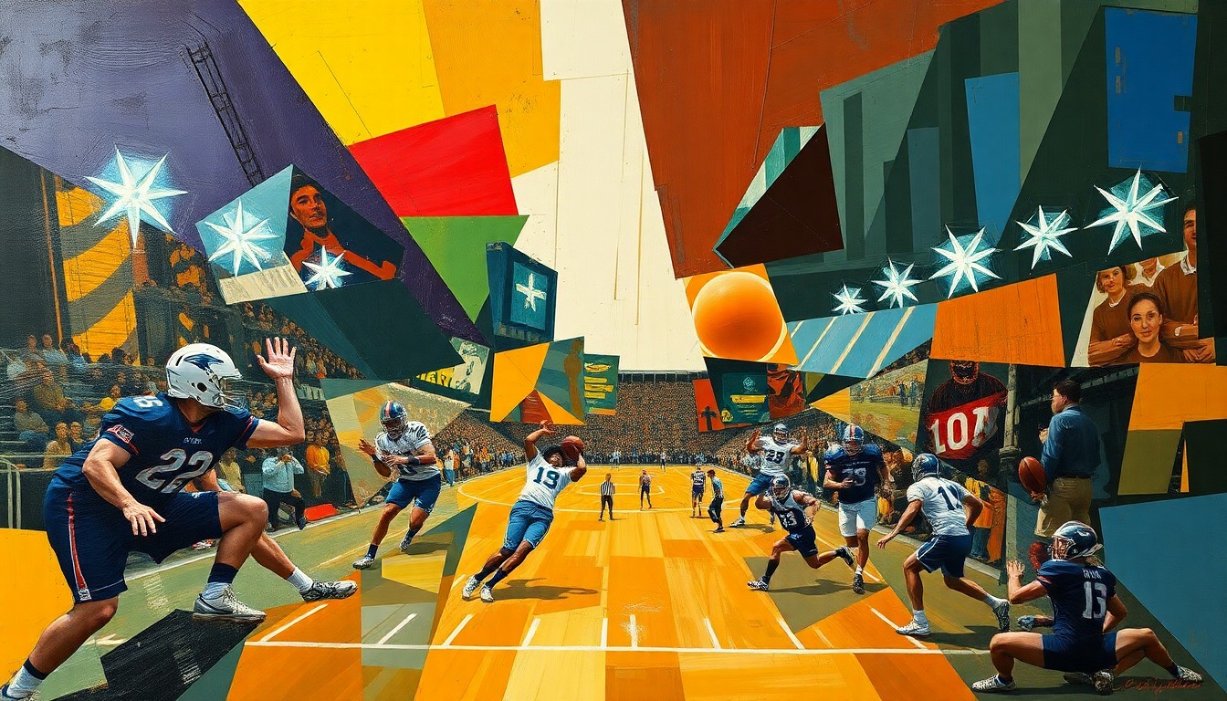 A fragmented, abstract painting depicting overlapping geometric shapes and planes in bright, bold colors, representing the dynamic movements and competitive spirit of Ohio sports.