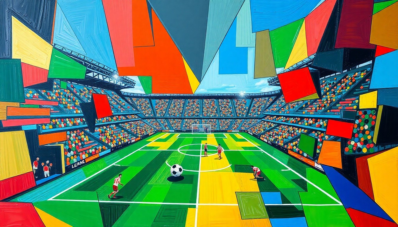 A fragmented, geometric painting in bold colors depicting a football player in motion, representing the complex and contentious end to Tua Tagovailoa's tenure with the Miami Dolphins.
