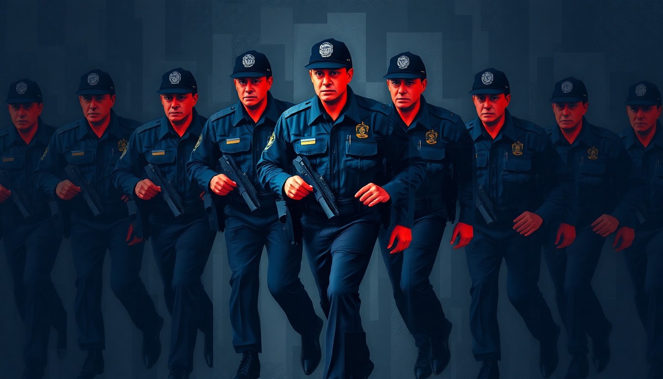 A fractured, abstract painting depicting the silhouette of a border patrol agent or ICE officer in motion, repeated in overlapping geometric shapes and waves of dark blue, red, and grey tones, conveying a sense of political tension and urgency.