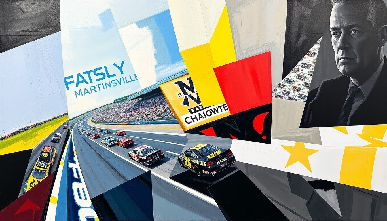 A fractured, multi-perspective painting in bold, geometric shapes and colors, capturing the dynamic energy and competitive spirit of a NASCAR race at Martinsville Speedway.