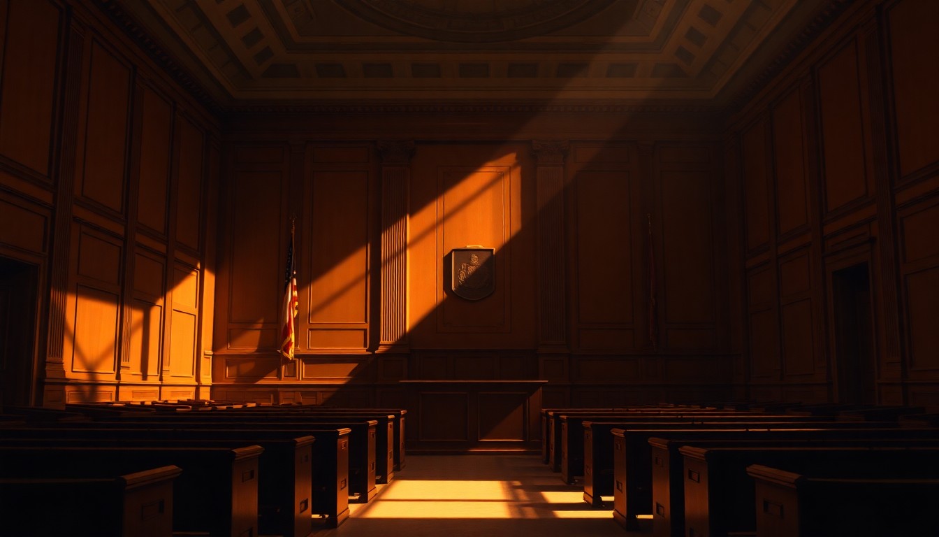 A dimly lit courtroom with wooden benches and a judge's bench in the center, the scene bathed in warm, golden light streaming through tall windows, conveying a sense of quiet authority and tradition.