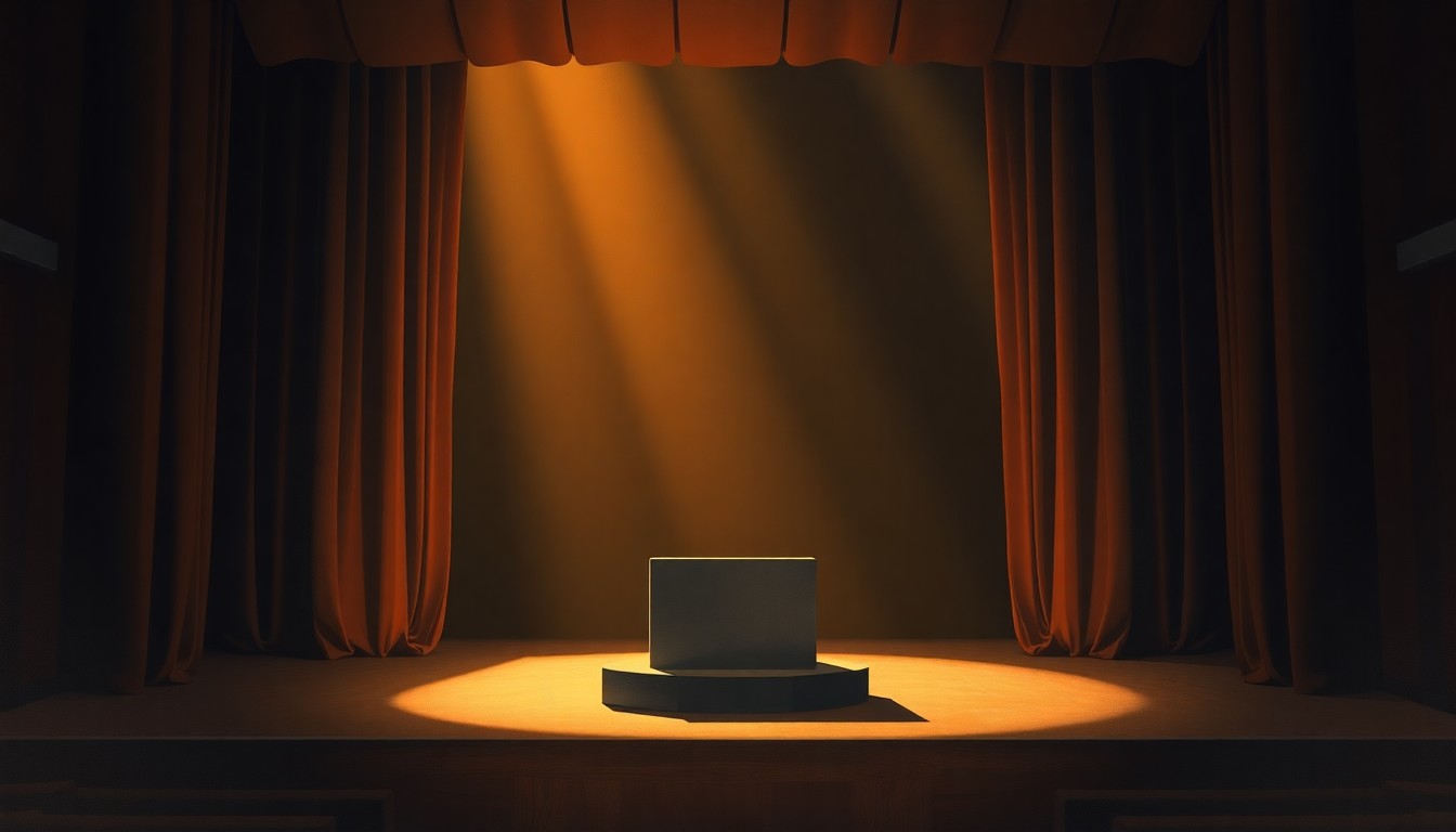 A serene, painterly scene of a simple podium on a stage, with warm light and deep shadows creating a contemplative, cinematic mood that evokes the importance of civic engagement in local politics.