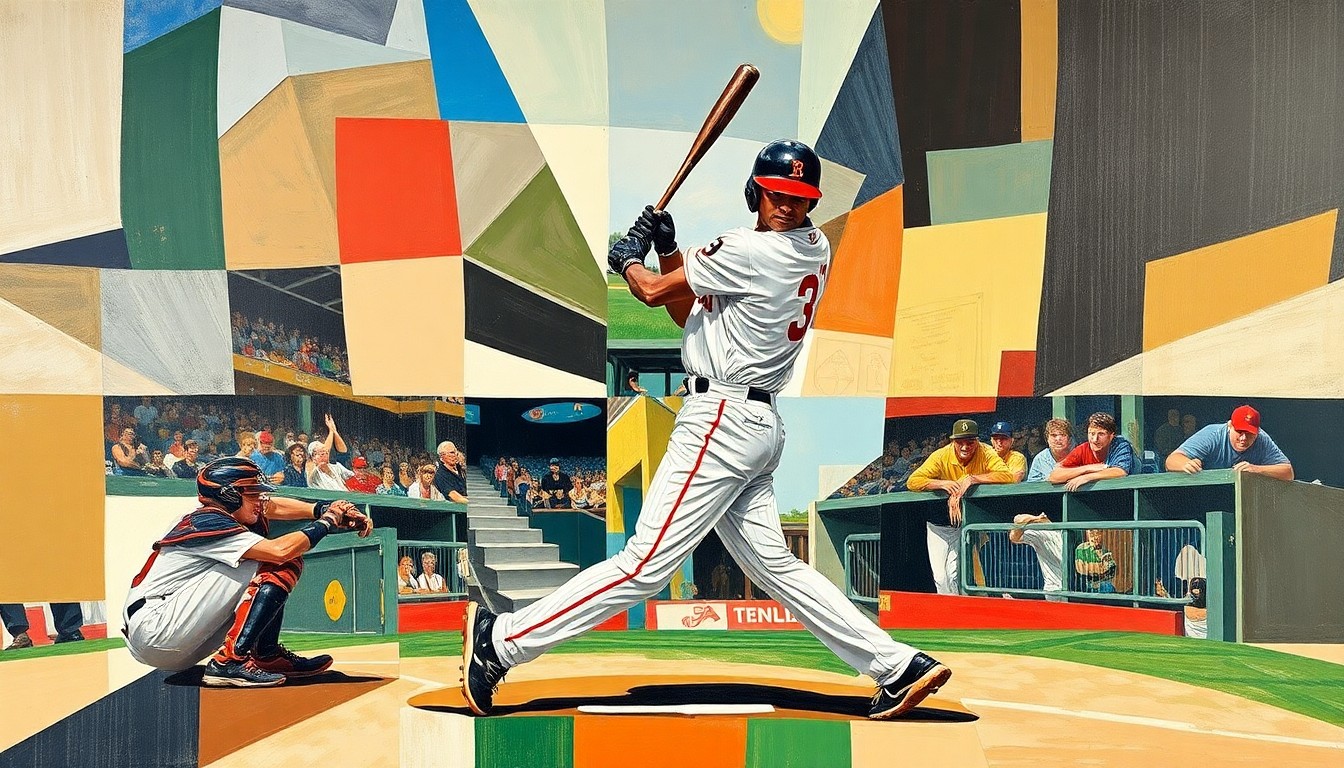 A cubist-style painting featuring sharp, overlapping geometric shapes and planes that abstractly represent a baseball player's swing or a baseball game, conveying the conceptual idea of the evolving priorities in minor league roster management.