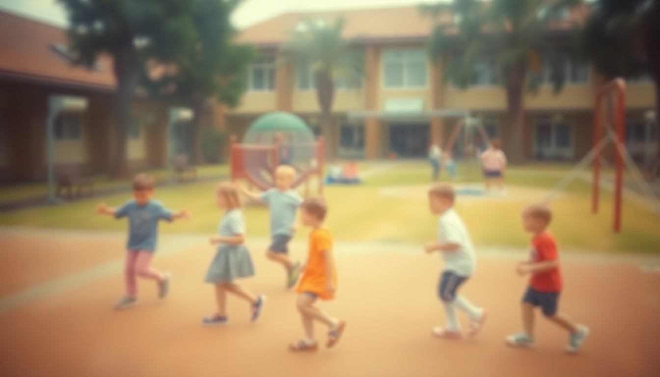 An impressionistic, soft-focus image of a school playground, with children's figures barely visible through the hazy, colorful blur, conveying a sense of the community's thoughtful consideration of a four-day school week.