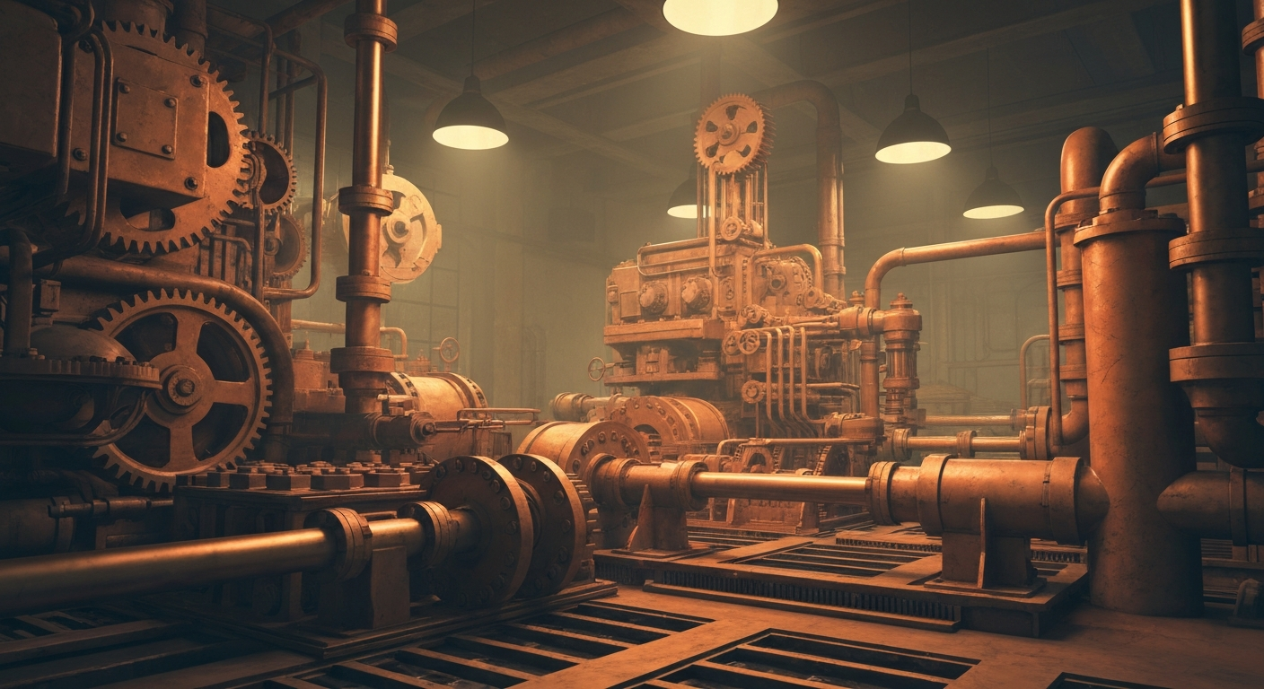 An extreme close-up of a complex array of gears, levers, and metallic components, conceptually representing the intricate financial and institutional mechanisms behind biotechnology research and development.