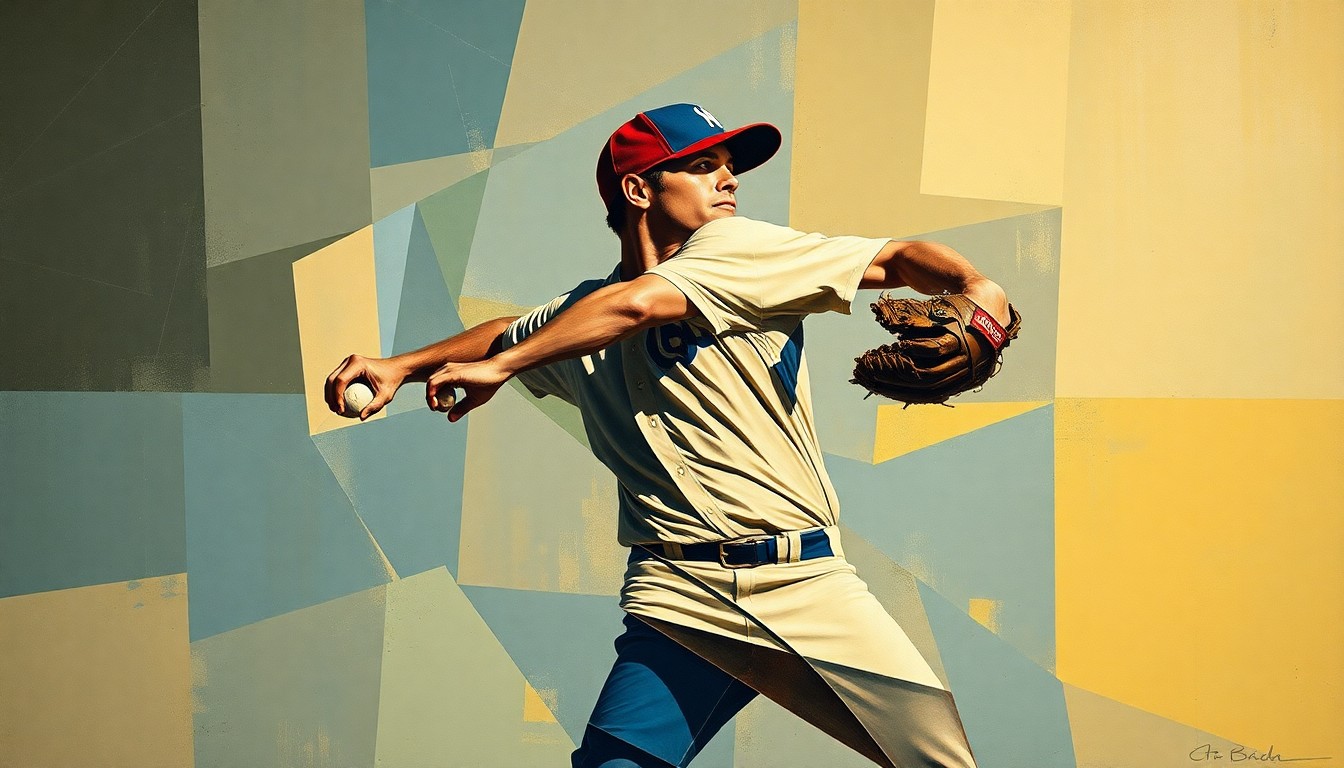 A fragmented, multi-angled painting depicting a baseball pitcher's delivery broken down into sharp, overlapping geometric shapes and planes in muted earth tones and blues with hints of red and yellow, capturing the inefficiency and lack of control in the pitcher's mechanics.
