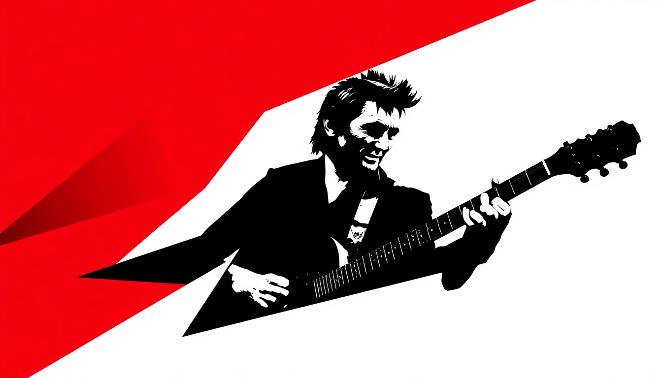 An abstract, minimalist composition of bold, angular shapes in deep red, black, and white, representing the life and musical legacy of country singer Tommy Cash.