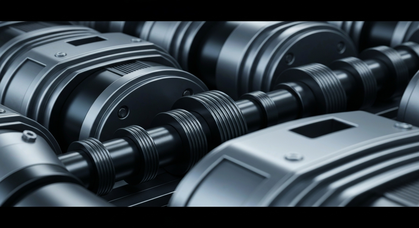 An extreme close-up of highly detailed, textured industrial machinery and equipment in shades of grey, blue, and black, conveying the secure, powerful financial infrastructure of a major corporation.