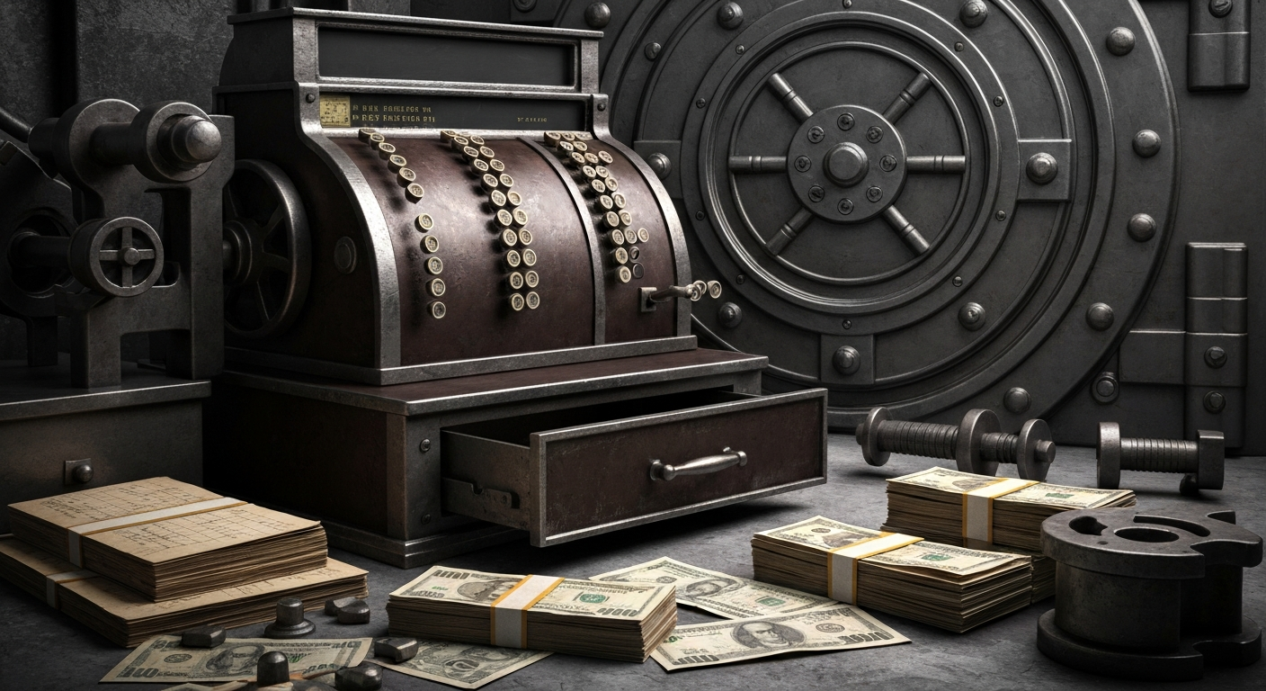 An extreme close-up of intricate, industrial-looking financial machinery and instruments in shades of gray, copper, and black, conveying the physical, mechanical nature of institutional investing in municipal bonds.