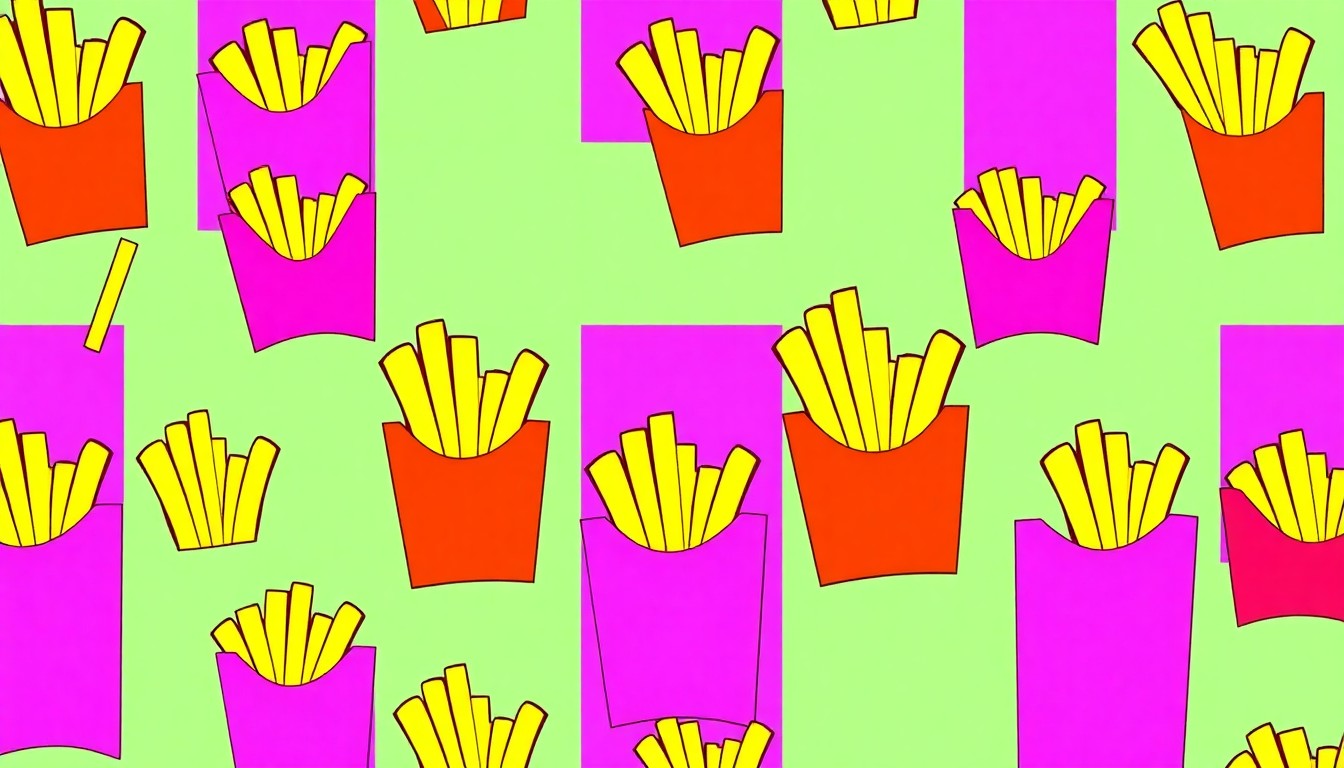 A brightly colored, high-contrast silkscreen print of a single, iconic French fry repeated in a tight grid pattern, utilizing flat, vibrant neon color palettes overlapping with heavy black photographic outlines to transform this everyday fast food item into a modern pop art piece.