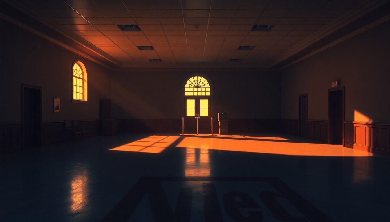 A dimly lit, cinematic painting of an empty government office or polling place, with warm sunlight streaming in through the windows and deep shadows across the room, conveying a sense of solemnity and unease about the state of voting rights.
