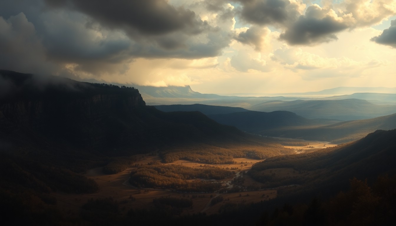 A vast, atmospheric landscape painting depicting a cold front sweeping across the Texas Hill Country, with low-hanging clouds and a hint of rain obscuring the details of the landscape, conveying the overwhelming, sublime scale of the natural world.