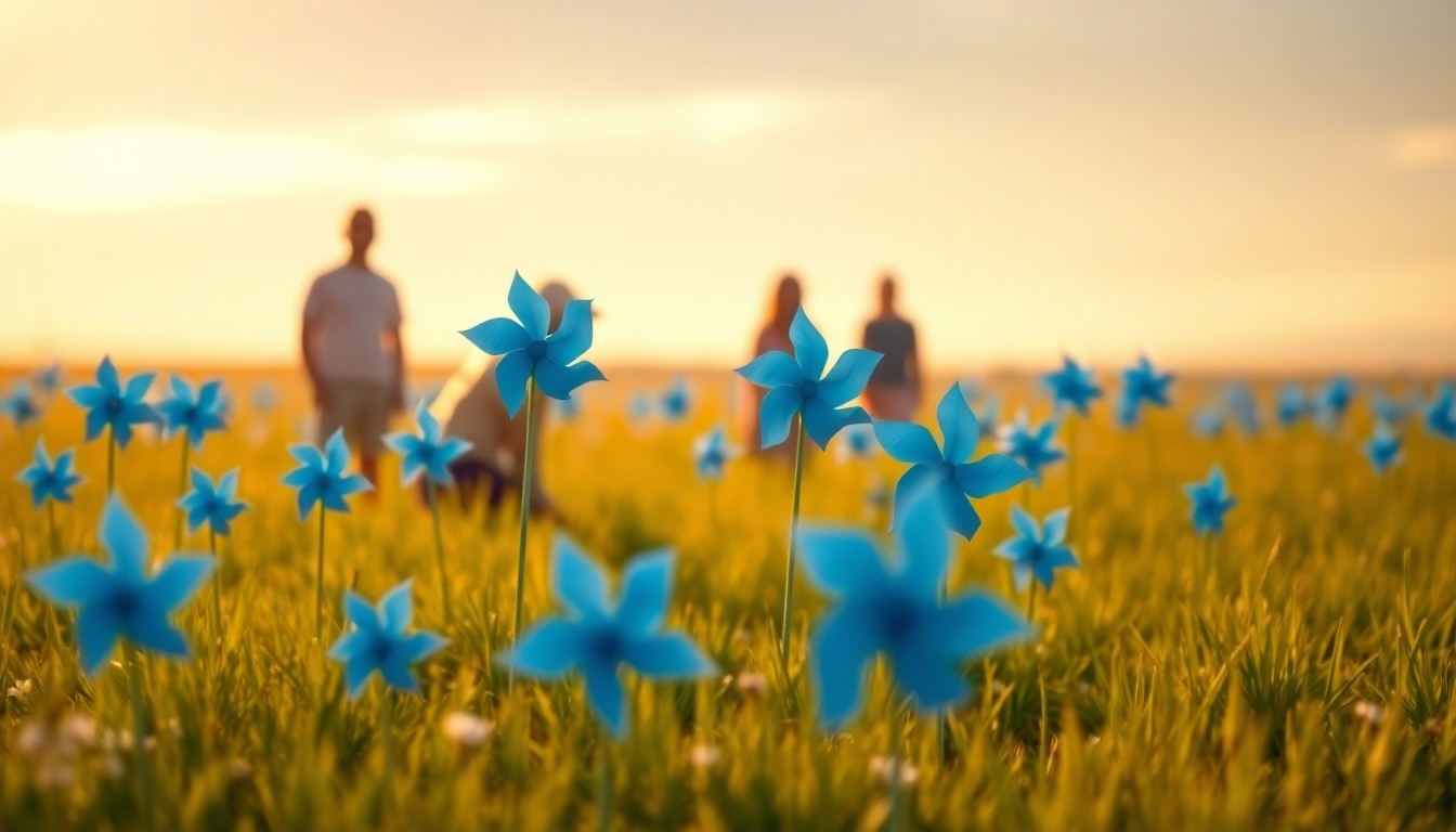 An abstract, out-of-focus scene of people planting blue pinwheels in a grassy field, with warm pools of light and color creating a dreamlike, hopeful atmosphere.