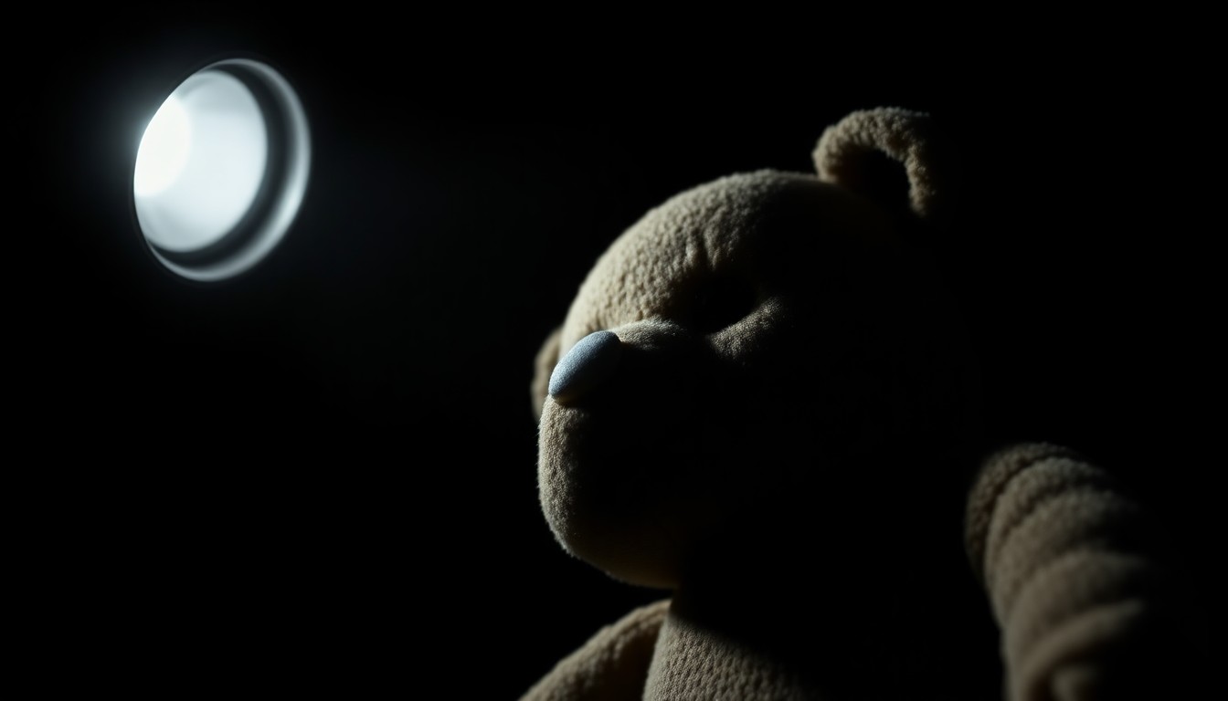 An extreme close-up photograph of a worn, tattered stuffed animal against a pitch-black background, conveying a sense of innocence violated.