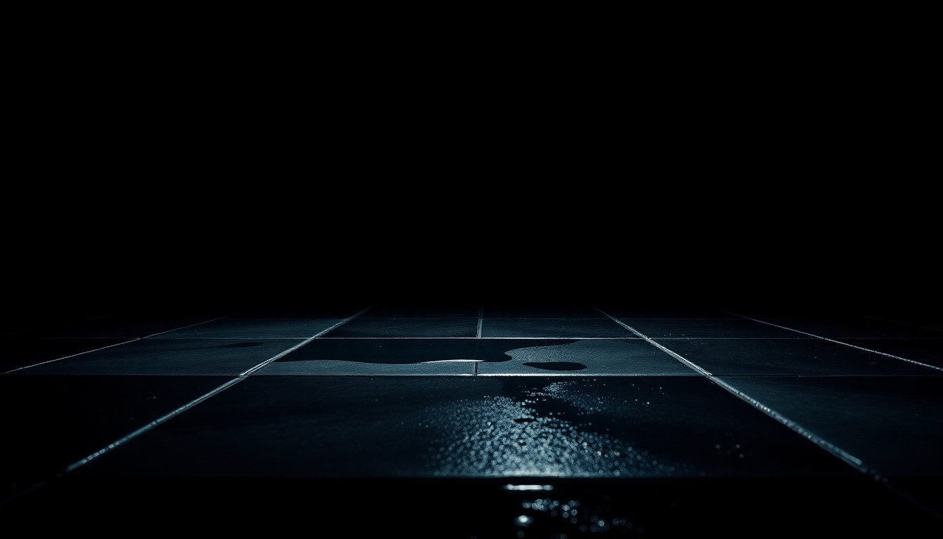 An extreme close-up photograph of a wet, slippery floor tile with a harsh, direct camera flash, conceptually illustrating the dangerous conditions that can cause slip and fall accidents.