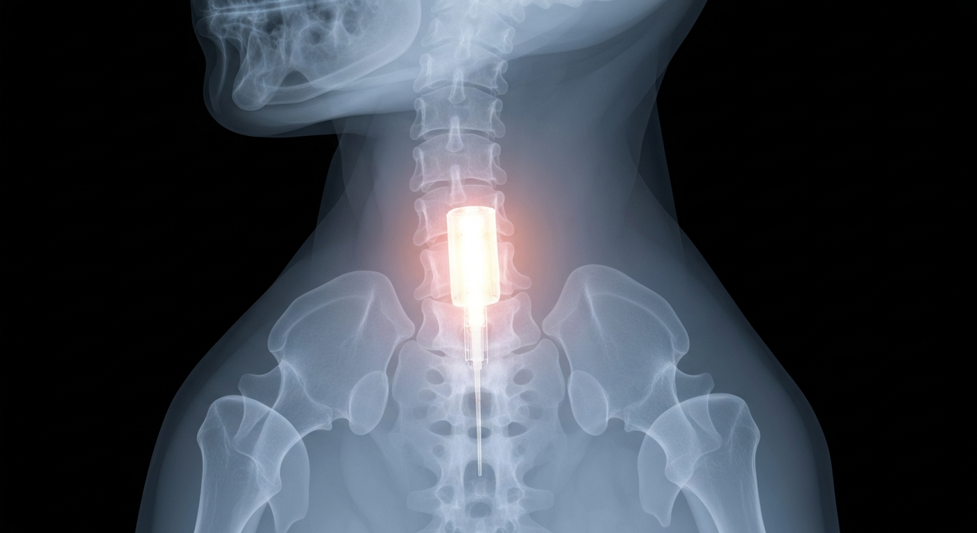 An extreme close-up X-ray photograph revealing the internal structure of a human spine with a glowing, ghostly implant device, conceptually illustrating a minimally invasive surgical technique.