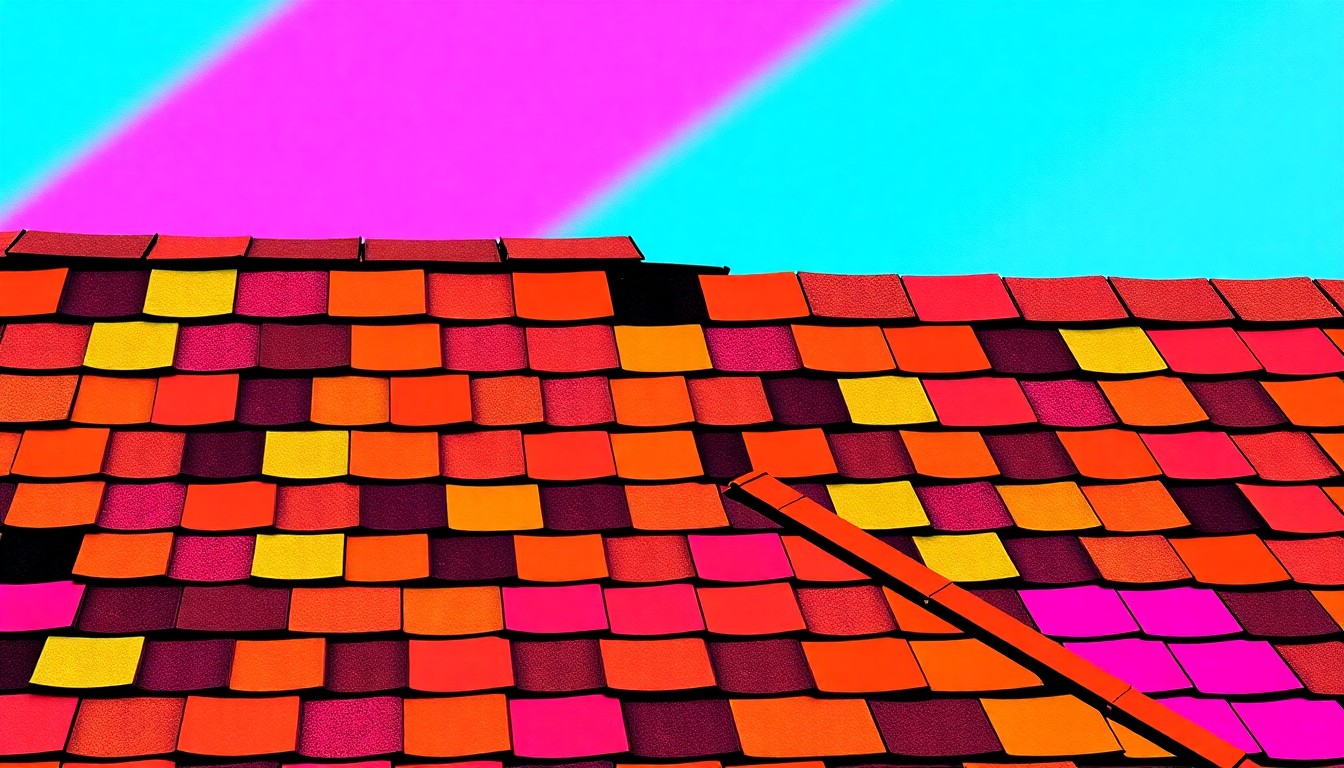 A brightly colored, high-contrast silkscreen print of a repeated pattern of iconic roofing shingles in vibrant neon hues, conceptually representing the evolving roofing needs of a community.