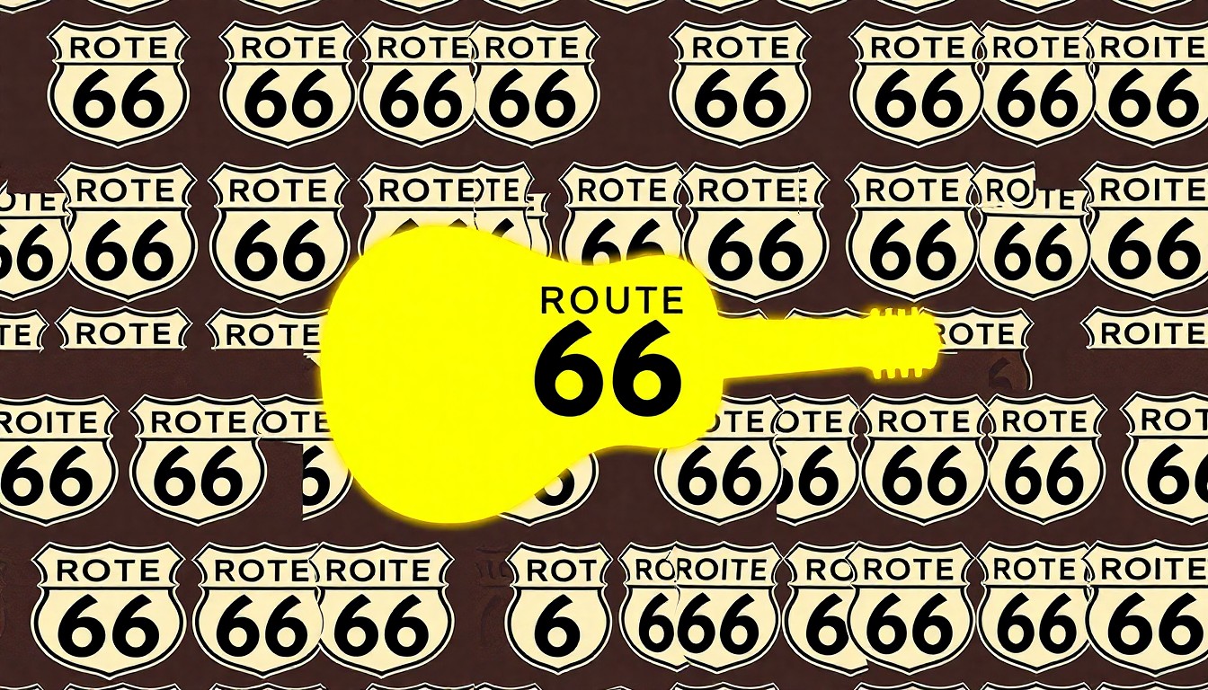 A bold, pop art-inspired illustration featuring a repeating pattern of a vintage Route 66 road sign in bright, neon colors, with the iconic silhouette of Woody Guthrie's guitar overlaid in a vibrant yellow, capturing the celebratory spirit of the new musical road installation.
