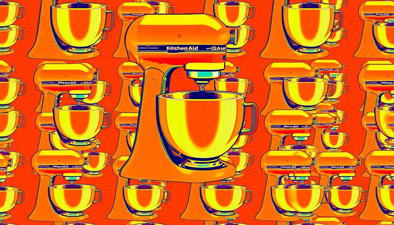 A high-contrast, silkscreen-style illustration of a KitchenAid stand mixer bowl repeated in a grid pattern, rendered in vibrant neon colors without any text or labels.