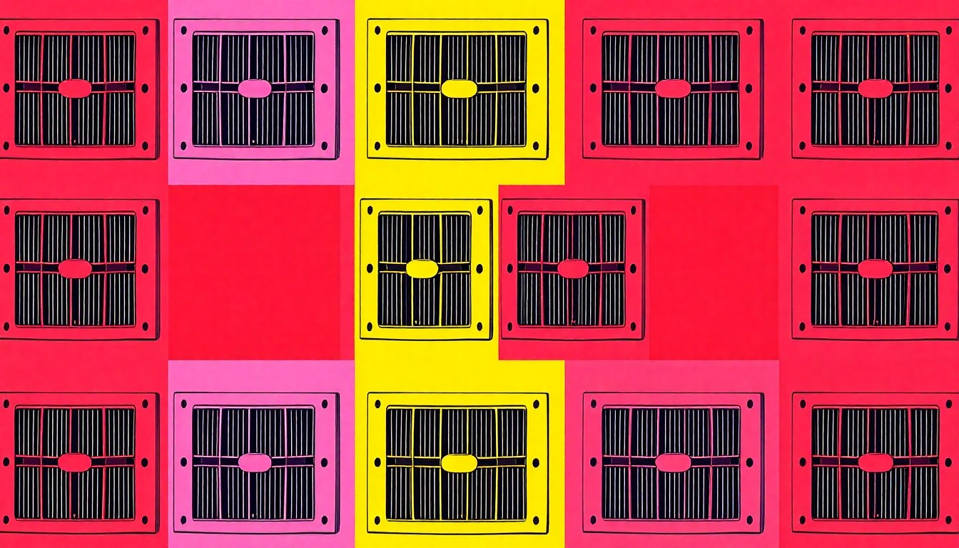 A brightly colored, high-contrast silkscreen print of a single, iconic HVAC vent cover repeated in a tight grid pattern, utilizing flat, vibrant neon color palettes overlapping with heavy black photographic outlines to turn an everyday home appliance into modern pop art.