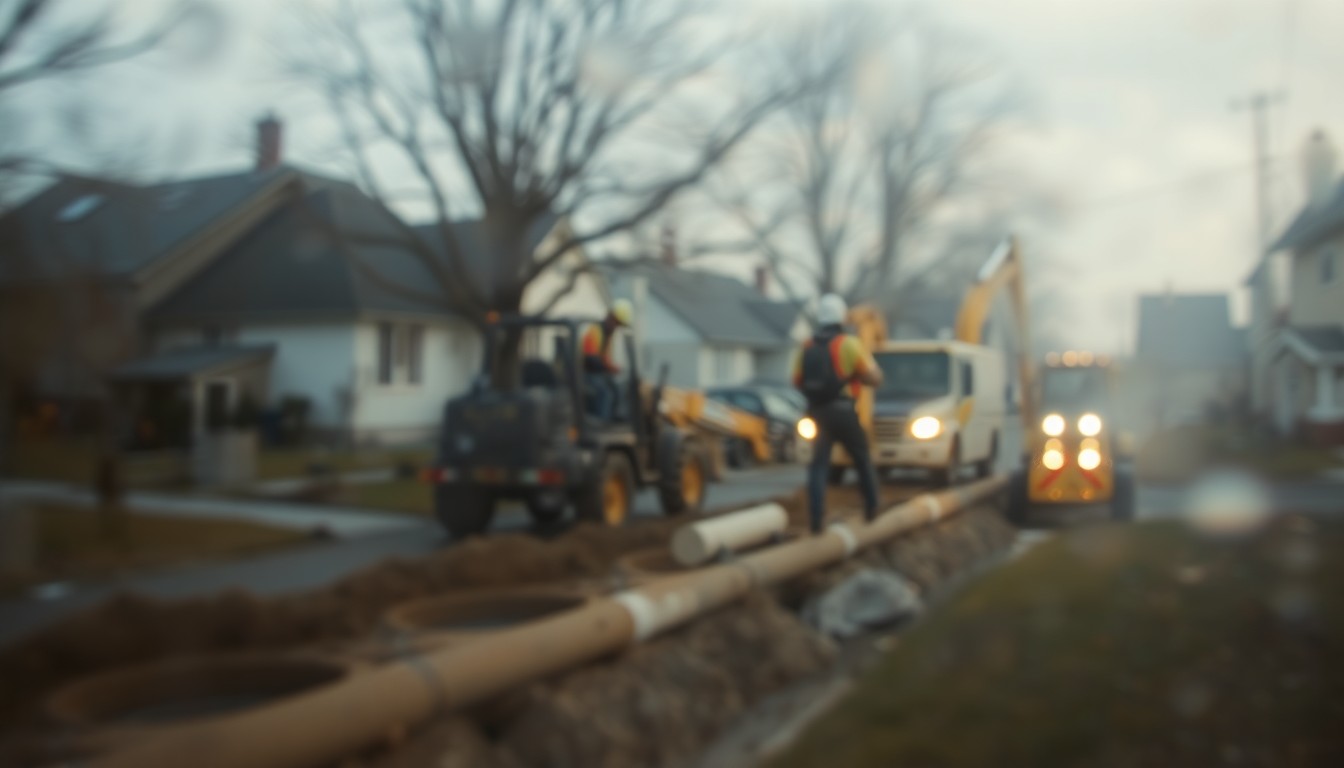 An abstract, impressionistic scene of construction workers and machinery working on a water main repair, with the image blurred and softened through a hazy, rain-streaked lens, conveying a sense of atmospheric calm and introspection.