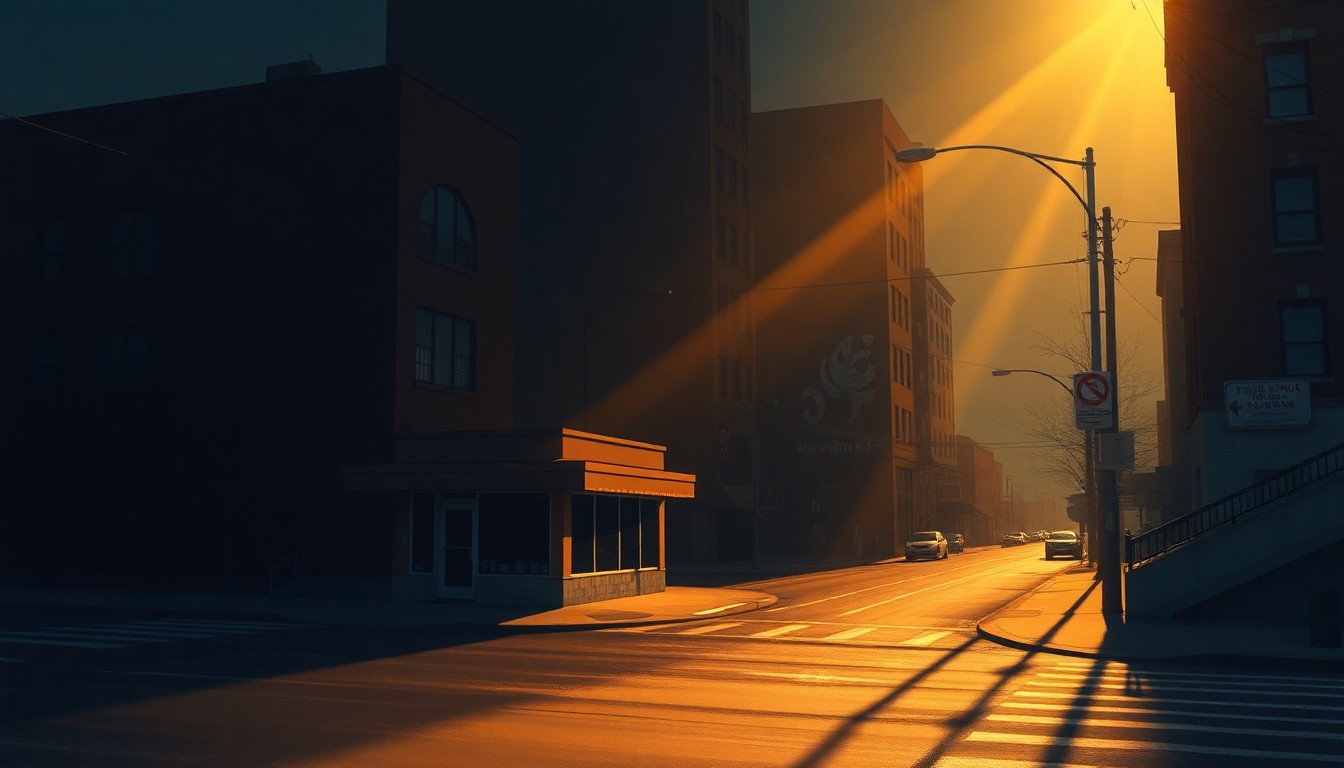 A serene, painterly scene of a city street corner with a small commercial building in the foreground, the scene bathed in warm, golden light and deep shadows, conveying a contemplative mood about the impact of local zoning decisions.