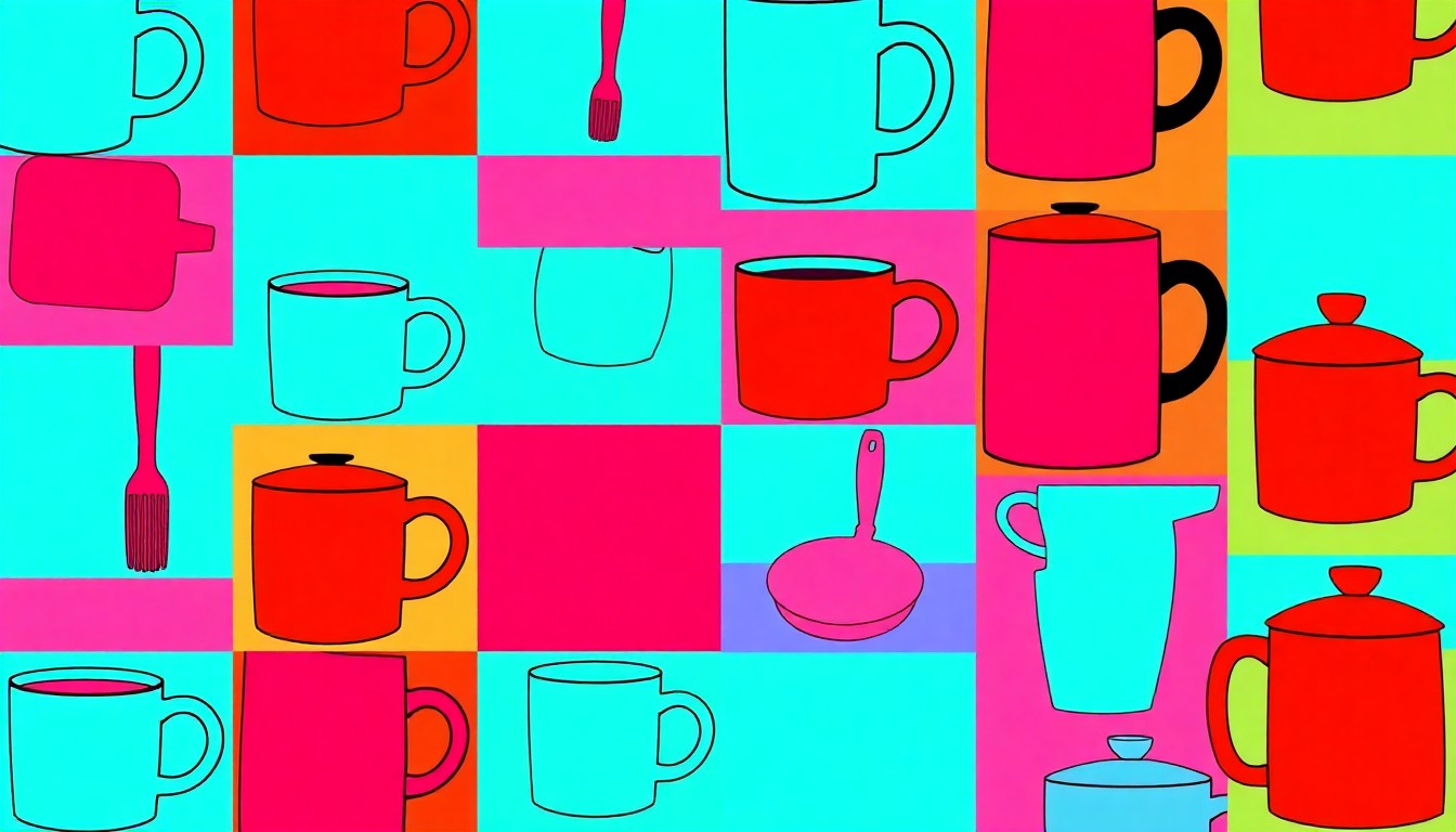 A high-contrast silkscreen print of a single iconic kitchen object like a coffee mug or cooking utensil, repeated in a vibrant neon color palette with heavy black outlines, creating a modern pop art interpretation of everyday kitchen essentials.