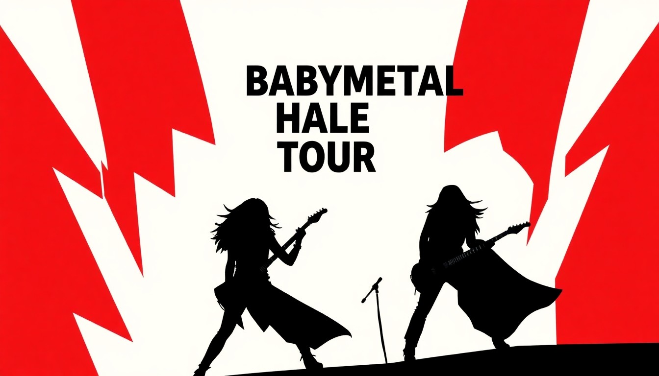 A striking abstract composition of jagged, geometric shapes in bold red and black, conceptually representing the fusion of metal and pop music in the BABYMETAL and Halestorm tour.