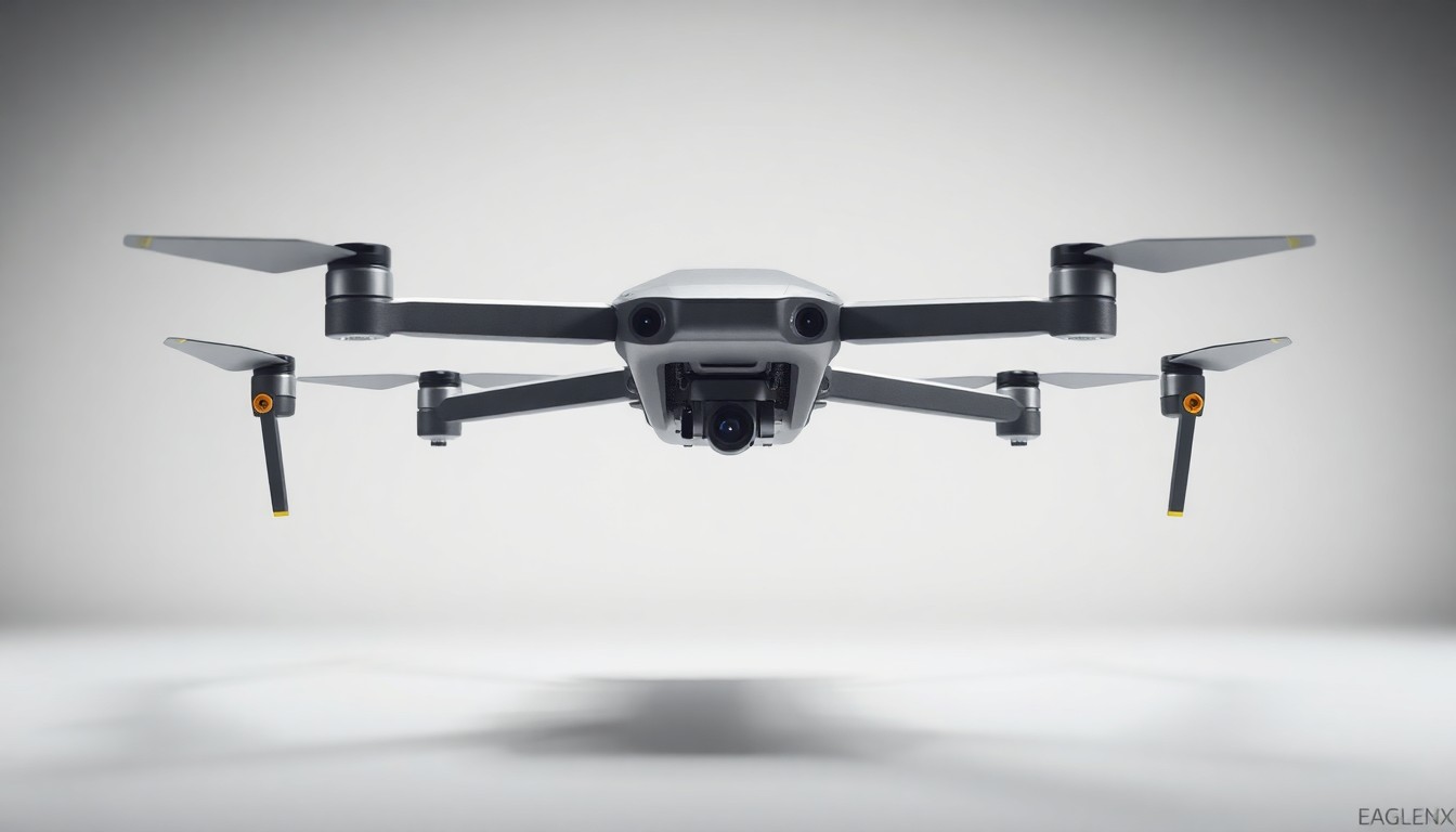 A minimalist, photorealistic studio still life featuring a sleek, silver drone with precision sensors, floating elegantly on a clean, monochromatic background with dramatic lighting and deep shadows, symbolizing the advanced capabilities of EagleNXT's unmanned systems.