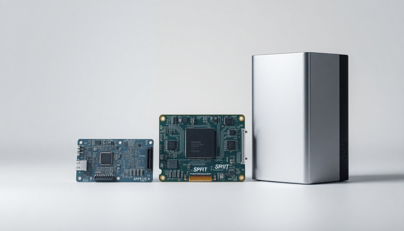 A high-end, photorealistic studio still-life photograph featuring a polished metal circuit board, a sleek silver electronic component, and a smooth glass data storage device, all arranged elegantly on a clean, monochromatic seamless background, conceptually representing the advanced cybersecurity controls and secure information handling protocols implemented by Spirit Electronics.