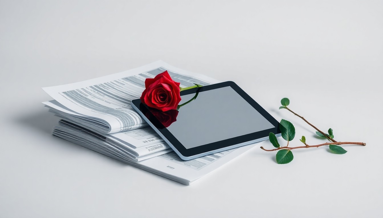 A photorealistic studio still-life featuring a stack of financial reports, a tablet device, and a single red rose, symbolizing the tension between corporate strategy and shareholder demands in the evolving telehealth industry.