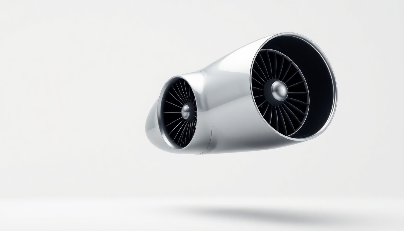 A highly detailed, photorealistic studio still-life photograph of a sleek, silver private jet engine component floating against a clean, monochromatic background, conveying the abstract corporate strategy and finance behind the private aviation industry.