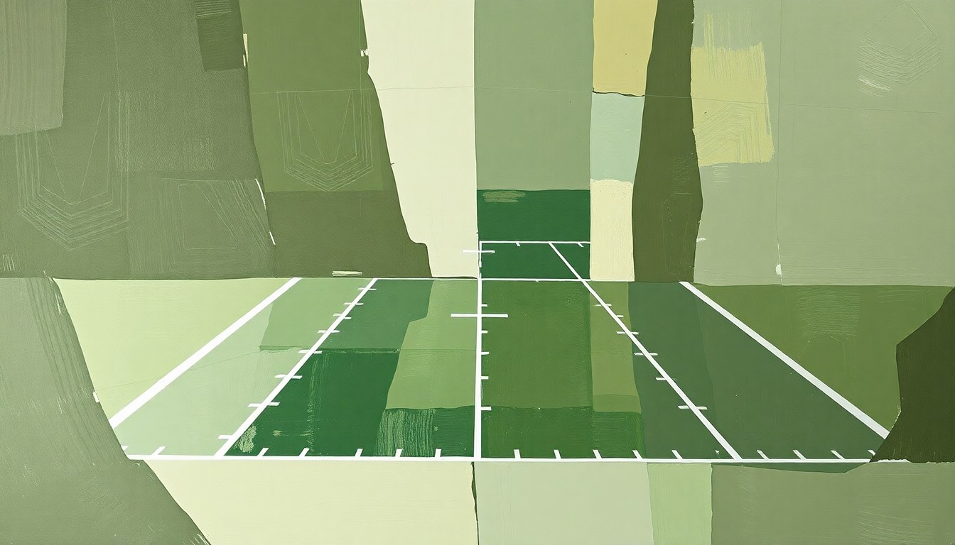 A cubist, geometric painting depicting an abstract, fragmented view of an offensive line formation, with sharp planes of muted earth tones and flashes of bright white, conveying the dynamic changes and reshuffling occurring within the unit.