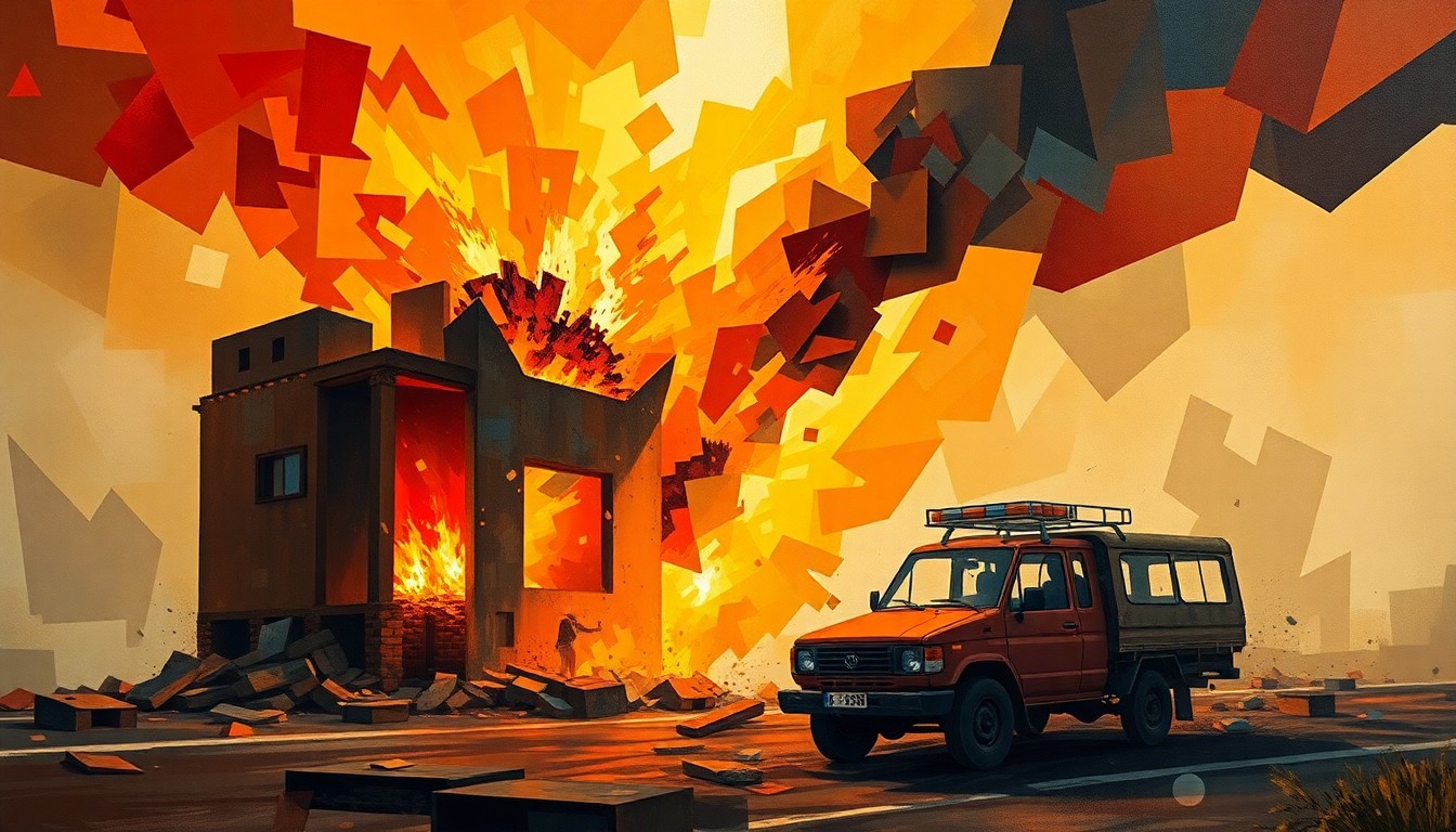 A dynamic, abstract painting featuring overlapping, fractured geometric shapes in shades of orange, red, and yellow, conveying the chaotic and violent nature of the settler attack on Palestinian property.