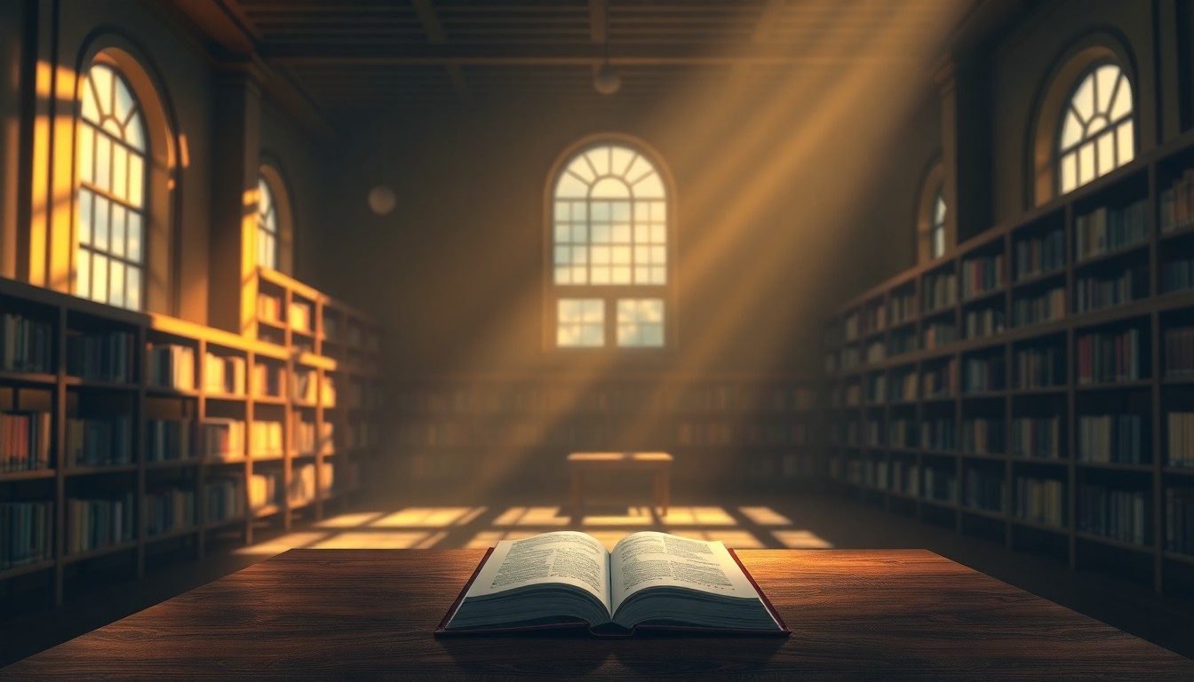 A serene, nostalgic painting of an empty library reading room with a single book on a table, conveying the solitary struggle for intellectual freedom in the face of community pressure.
