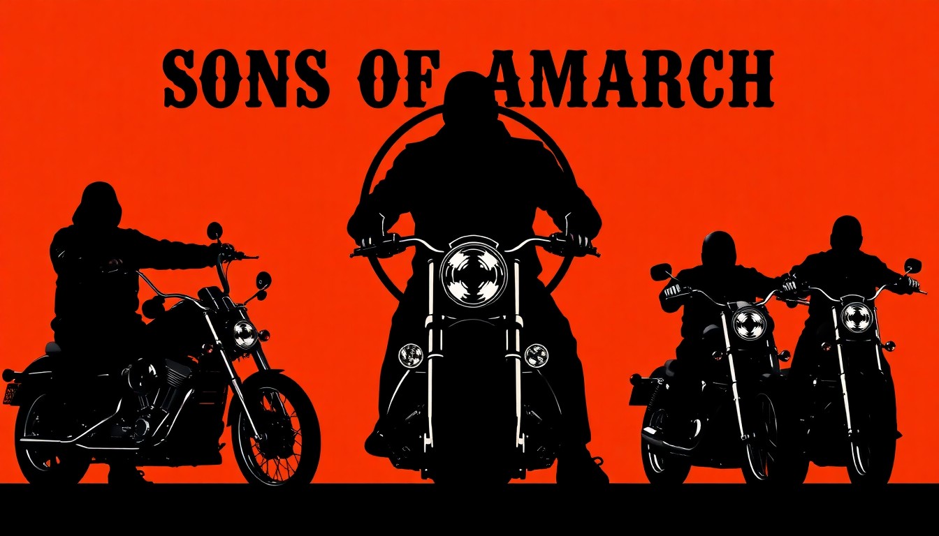 A minimalist, abstract illustration featuring a bold, jagged black silhouette of a motorcycle and rider against a backdrop of striking red and white geometric shapes, conceptually representing the motorcycle club culture and outlaw lifestyle of the Sons of Anarchy universe.