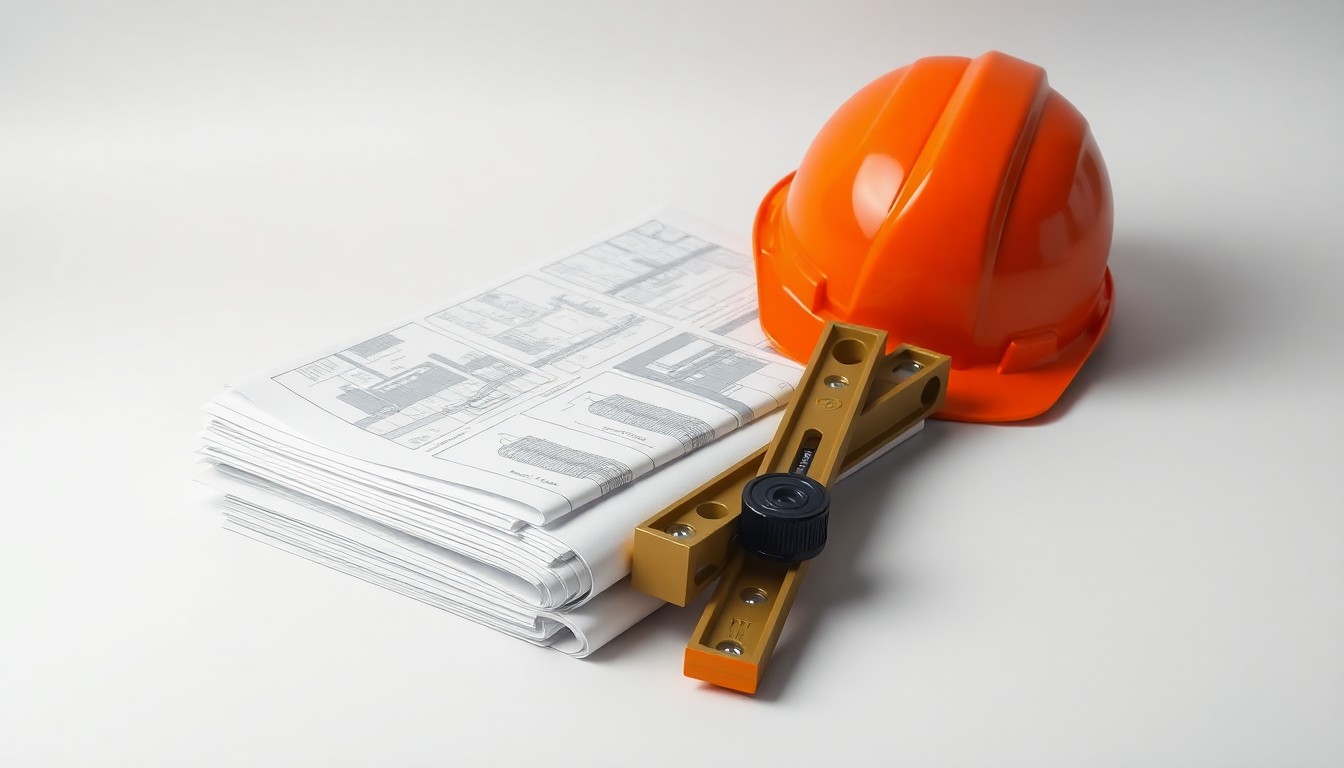 A photorealistic studio still life featuring a stack of architectural blueprints, a hardhat, and a construction level, conceptually representing the planning and development process behind urban real estate projects.