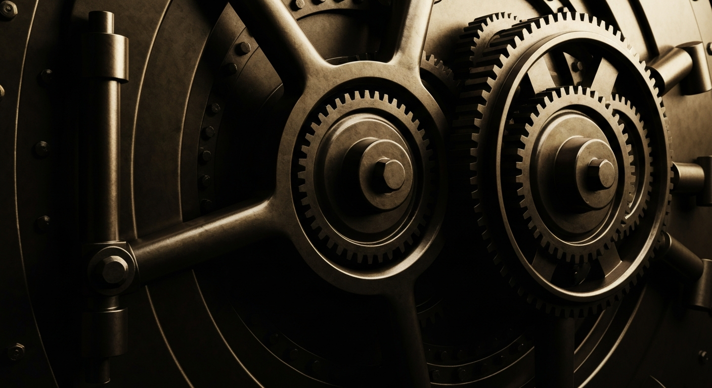 An extreme close-up of the complex, interlocking gears and mechanisms of a large bank vault door, conveying the secure, reliable nature of a community bank's operations.